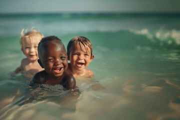 A joyful moment with three diverse babies smiling and playing in the shallow ocean water on a sunny day, showcasing the joy of childhood and diversity in a natural setting.