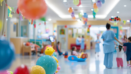 a  of a hospital's pediatric ward with colorful decorations and toys, capturing a blurred background of children playing and nurses attending, Interior, hospital, ind