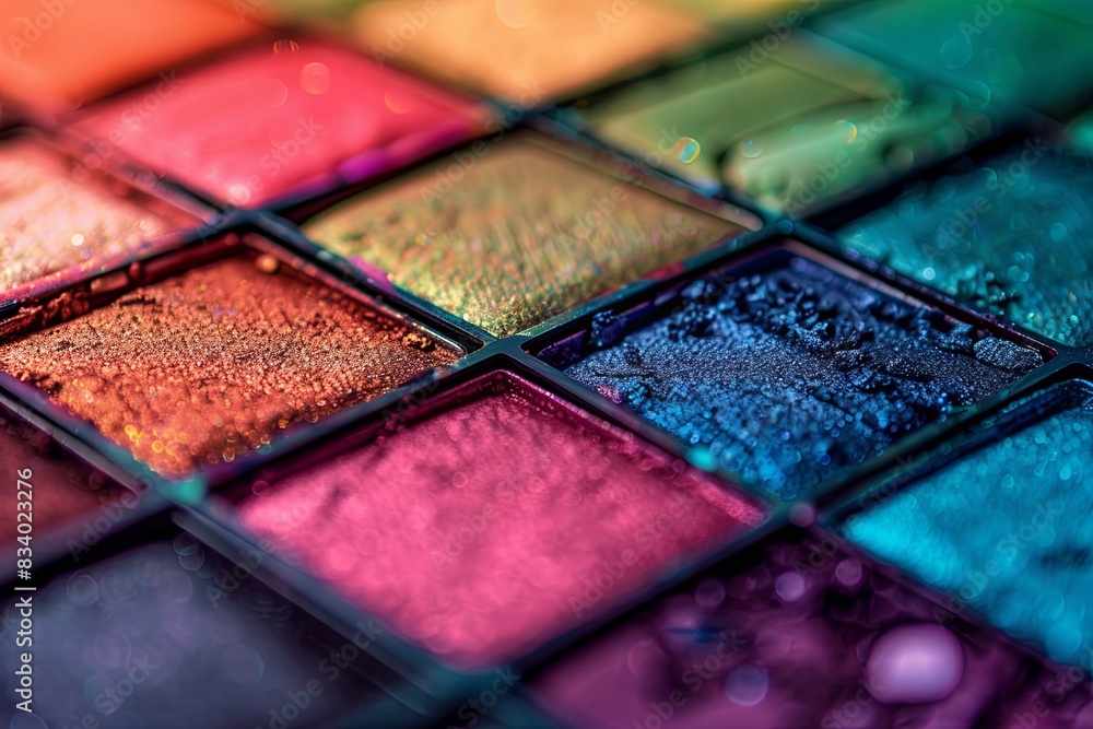 Poster detailed view of a vibrant and colorful eyeshadow palette with a variety of bright hues and visible 