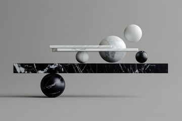 A black and white marble balance with three spheres of different sizes floating above it, against a gray background
