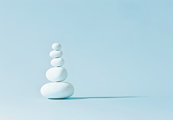 Three white pebbles stacked in the shape of people on light blue background, minimal concept photography 
