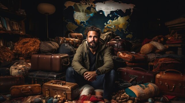 A thoughtful man is sitting amidst a collection of vintage suitcases with a map in the background