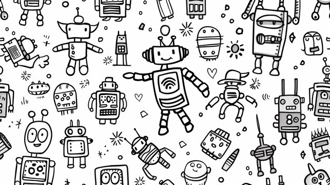 A whimsical seamless vector pattern of cute doodle-style robots.

