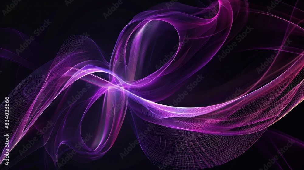 Poster dynamic violet curves and lines swirl against a stark black background.