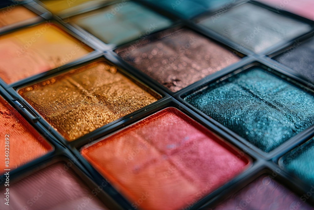 Poster detailed view of a vibrant eyeshadow palette with a variety of bright colors and textures on a smoot