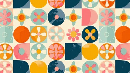 A seamless vintage pattern featuring a grid arrangement of multi-colored, stylized geometric flowers.


