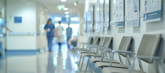 a close-up image of a modern hospital waiting area with chairs and informative posters on the walls, while the blurred background shows patients waiting and nurses walking by, Inte