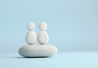 Three white pebbles stacked in the shape of people on light blue background, minimal concept photography 
