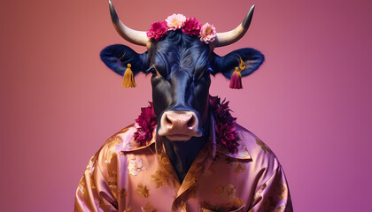  a dark-toned cow wearing a floral shirt and headdress, offering an aesthetic card-worthy image blending traditional animal portraiture with contemporary art