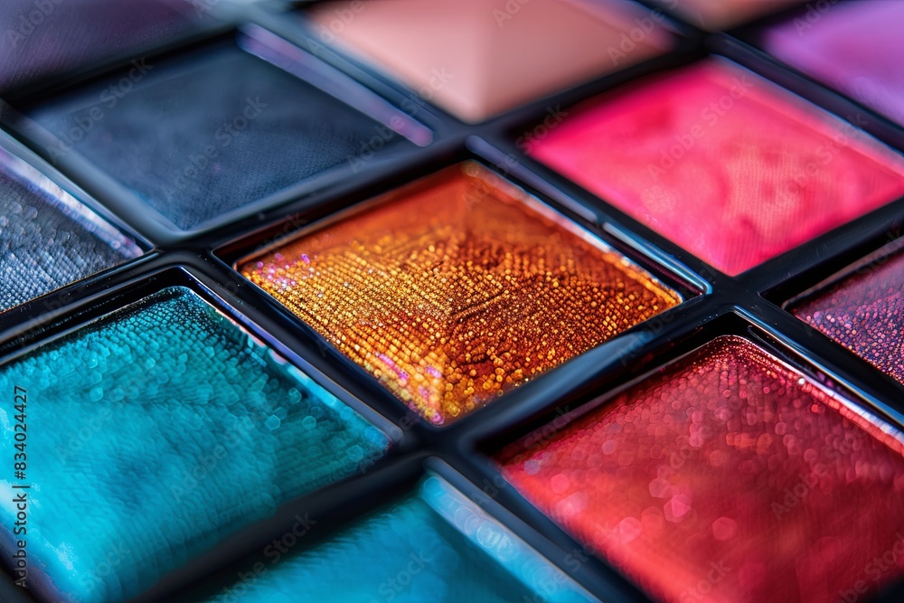 Poster detailed close up of a multi colored eyeshadow palette with rich hues and textured surface. generati