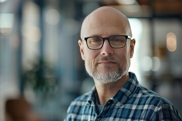 Fototapeta premium Mature software developer, confident, professional, digital SLR, standard zoom, daytime, tech office portrait, digital, high realism, soft light. , background blur