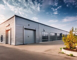 Exterior of a modern warehouse with a small office facility, steel doors and windows