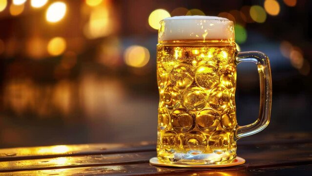 beer mug on a table outdoors at restaurant in the evening
