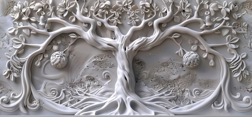 3D relief white tree wallpaper mural wall. AI generated illustration