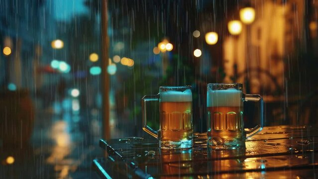 two beer mugs on a table outdoors in the rain at restaurant in the evening
