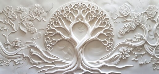 3D relief white tree wallpaper mural wall. AI generated illustration