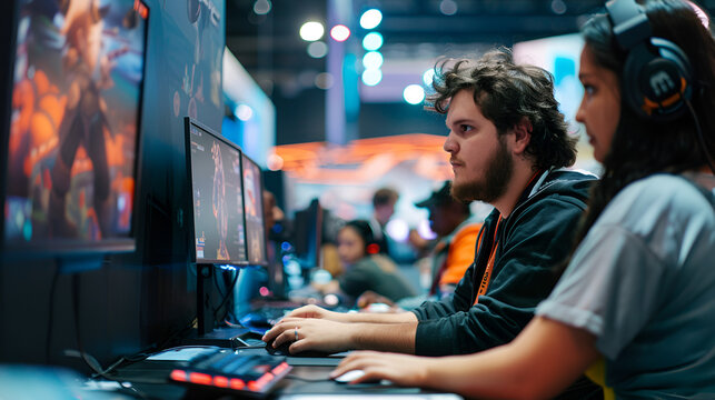 young gamers playing video game on gaming zone