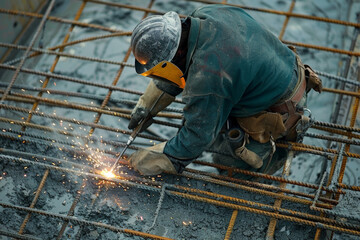 Close-up of a worker welding metal at a construction site, with bright sparks flying, emphasizing the skill and intensity of the work.
