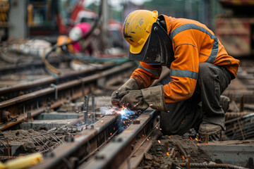Close-up of a worker welding metal at a construction site, with bright sparks flying, emphasizing the skill and intensity of the work.
