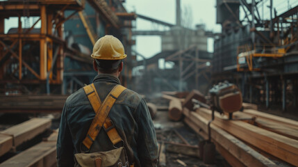 Fototapeta premium A construction worker in a hard hat and tool belt stands at an industrial site, ready for work, with a background of metal structures. 