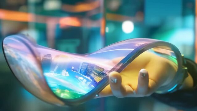 A hand holds a flexible smartphone in a high-tech environment. The scene is vibrant and modern, indicating advanced technology and innovation. The person's wristwatch and hand are visible.