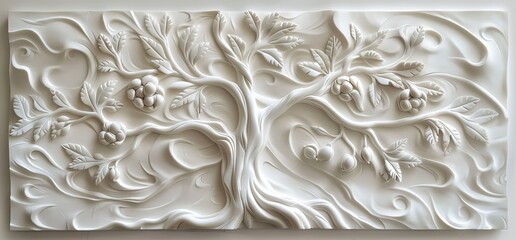 3D relief white tree wallpaper mural wall. AI generated illustration