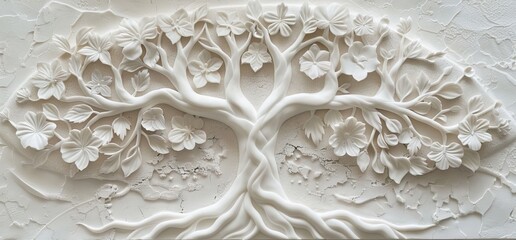 3D relief white tree wallpaper mural wall. AI generated illustration