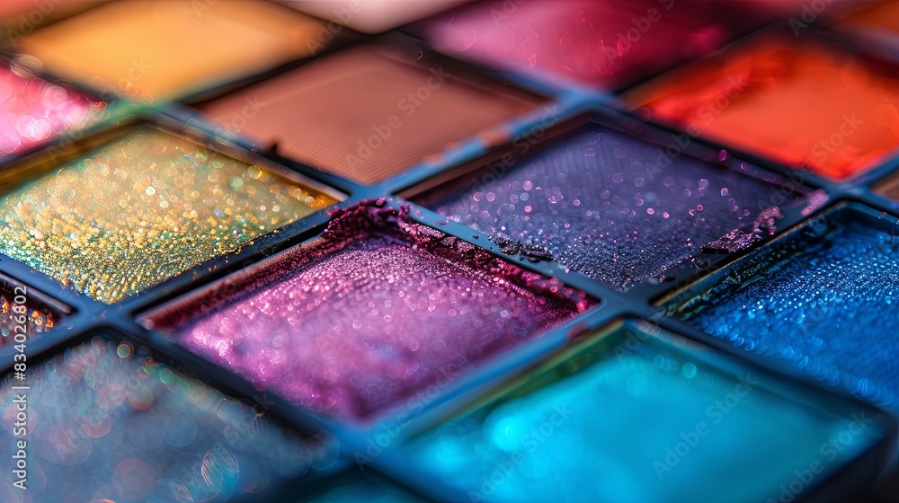 Poster Detailed close up of a multi colored eyeshadow palette with vibrant colors and visible texture. Generative AI