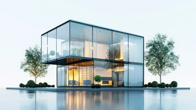 Luxury cube glass house isolated on white created with Generative AI