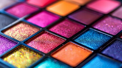 Detailed view of a vibrant eyeshadow palette showcasing rich, even colors and texture. Generative AI