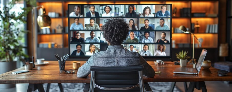 Woman in video conference with diverse group