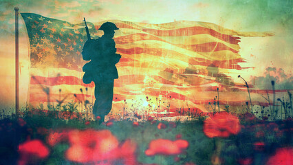 The silhouette of a soldier stands on a field of red flowers. There is a silhouette of the United States flag in the background.