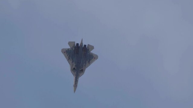 Demonstration of the latest Russian SU-57 fighterof the international aerospace salon MAKS-2021.