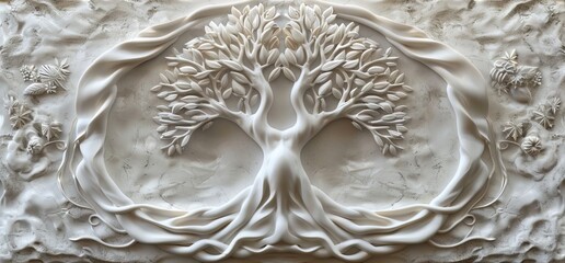 3D relief white tree wallpaper mural wall. AI generated illustration