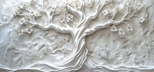 3D relief white tree wallpaper mural wall. AI generated illustration