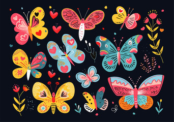 Bright cute funny characters with hearts. A big set of risoprint style stickers with butterflies. Illustration Isolated on a black background.