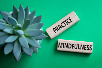 Practice Mindfulness symbol. Concept words Practice Mindfulness on wooden blocks. Beautiful green...