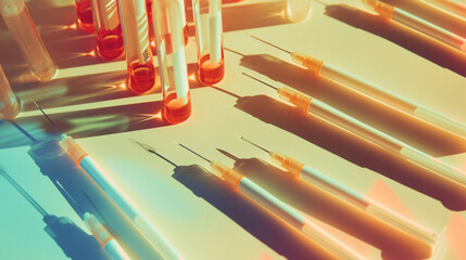Obraz premium An artistic arrangement of COVID-19 test kits and swabs laid out on a surface, COVID-19 test kits, hd, with copy space