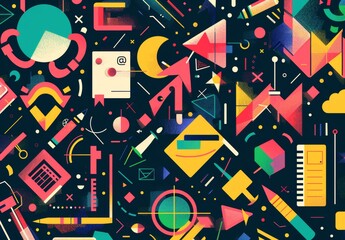 Create a dynamic back-to-school background featuring vibrant geometric shapes and symbols representing various academic subjects using generative AI.