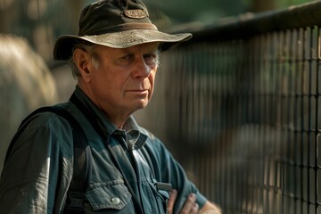 Fototapeta premium Mature zookeeper, confident, professional, digital SLR, standard zoom, daytime, zoo portrait, digital, high realism, animal light. , background blur
