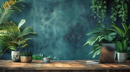 A wooden desk with a laptop, coffee cup, and plants on it. The background is a dark green wall with hanging plants. - Powered by Adobe