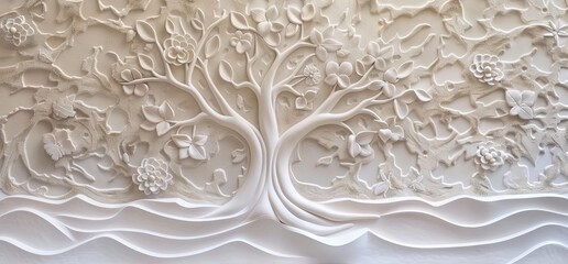 3D relief white tree wallpaper mural wall. AI generated illustration
