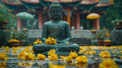 Serenity Scene with Buddha Statue and Holiday Decorations Generative AI