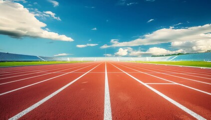 A red running track with white lines leading to the horizon stands in front of an open field and blue sky with clouds.