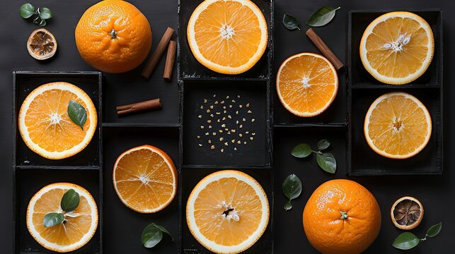   A cluster of orange wedges on black serving plates with cinnamon sticks and a hot beverage - Powered by Adobe