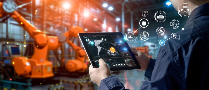 A professional holding an Pad, showing various icons representing digital twins in manufacturing on the screen with robot arms and other industrial equipment visible in the background.