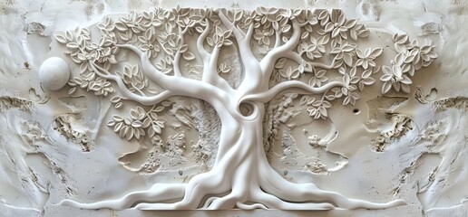 3D relief white tree wallpaper mural wall. AI generated illustration