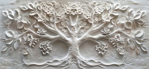 3D relief white tree wallpaper mural wall. AI generated illustration