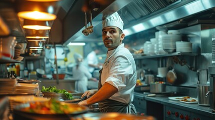 Portrait close up of professional chef looking at camera at modern kitchen. Smart cook cooking and...