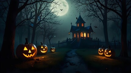 A beautiful haunted house Halloween illustration. Generative AI
